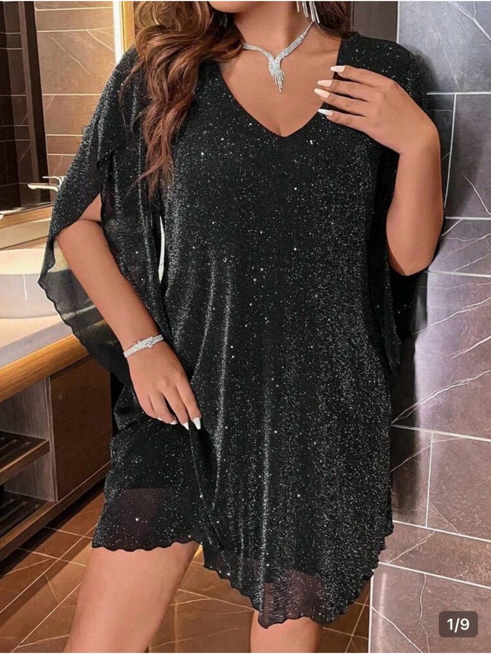 Women's Glitter Mesh Petal 3/4 Sleeve V Neck Short Black Dress Size L